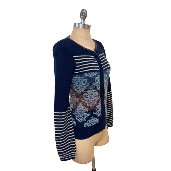 Anthropologie Sparrow Navy Zip Cardigan Sweater Floral & Striped Wool Mohair Sma - Picture 3 of 6